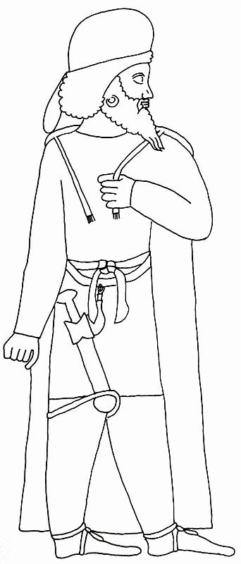 Präsentation Mantel frontal (Persep)T24A1.JPG - Wie die nachfolgenden Zeichnungen in verschiedener Sichtweise zeigen, wurde der medische Reitermantel (Chlamys) auf besondere Weise präsentiert. Anzunehmen ist, dass er als Rangzeichen besonders hochstehender Würdenträger fungierte.